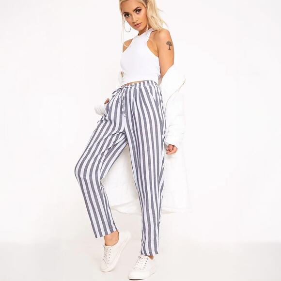 Pretty Little Thing Diya Blue Stripe Casual Pants Sz 6 - Picture 1 of 13
